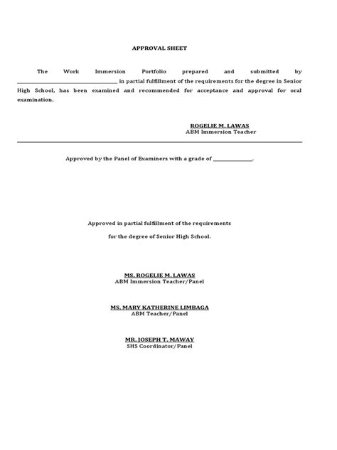 Approval Sheet Abm Work Immersion 1 Pdf