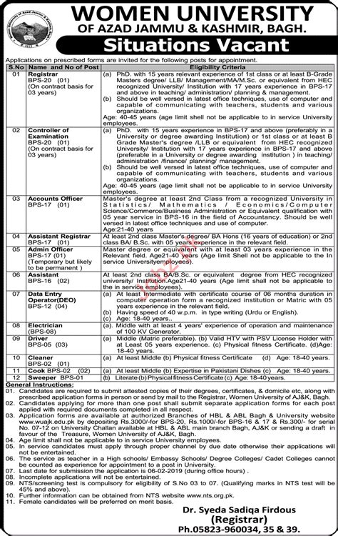 Women University Of Azad Jammu Kashmir Jobs Through NTS 2024 Job