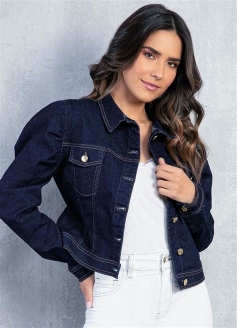 Jaqueta Jeans Escuro Mangas Bufantes E Bolso Queima De Estoque