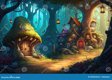 Magical Forest With Elf Village Where Fairies And Other Magical