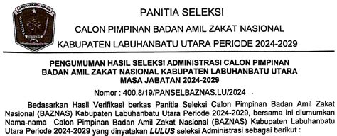 Pengumuman Hasil Seleksi Administrasi Calon Pimpinan BAZNAS Labura 2024