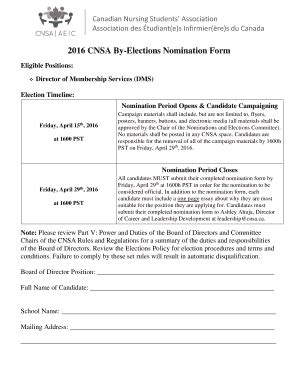 Fillable Online 2016 CNSA By Elections Nomination Form Fax Email Print