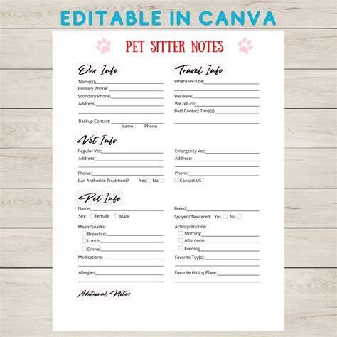 Pet Sitter Notes Printable Canva Template Owner Info Template Daily