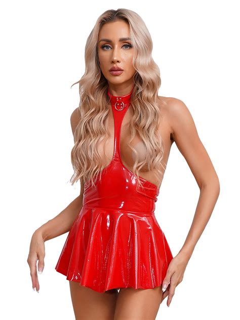 CHICTRY Womens Open Chest Mini Dress Lingerie Halter Ruffled Latex