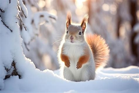 Premium AI Image Cute Fluffy Squirrel On A White Snow In The Winter