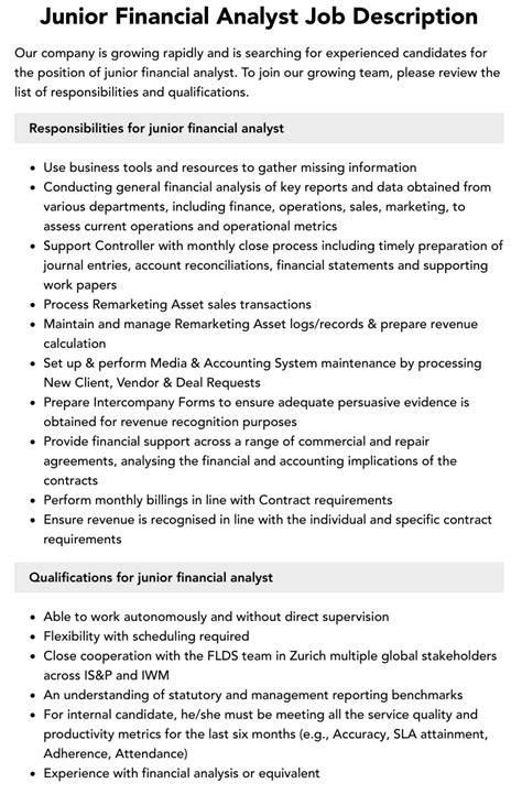 Junior Financial Analyst Job Description Velvet Jobs