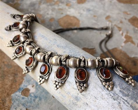 Indian Tribal Sterling Silver Choker Necklace With Amber Amulets Vintage Rajasthan Ethnic Jewelry