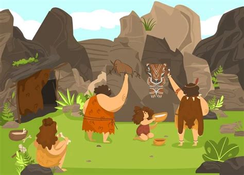 Primitive People Prehistoric Cartoon Vector Illustration Before Cave