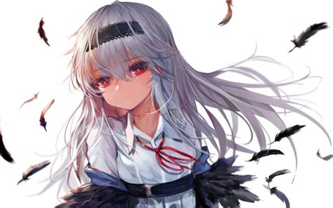 Safebooru 1girl Bangs Black Feathers Black Hairband Breasts Closed Mouth Collared Shirt