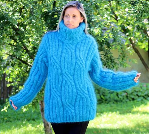 Hand Knit Mohair Sweater Cable Blue Turquoise Fuzzy Turtleneck Jumper Pullover Jersey By