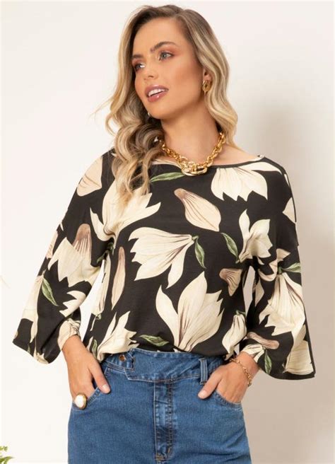 Blusa Mullet Folhagens Pretas Mangas Amplas Quintess