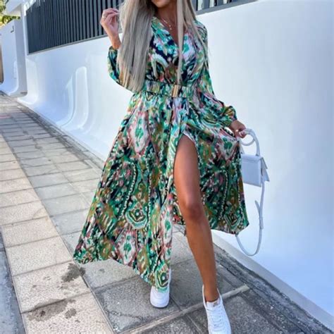 Jkk Floral Print Deep V Neck Split Belted Female Boho Sleeve Robe