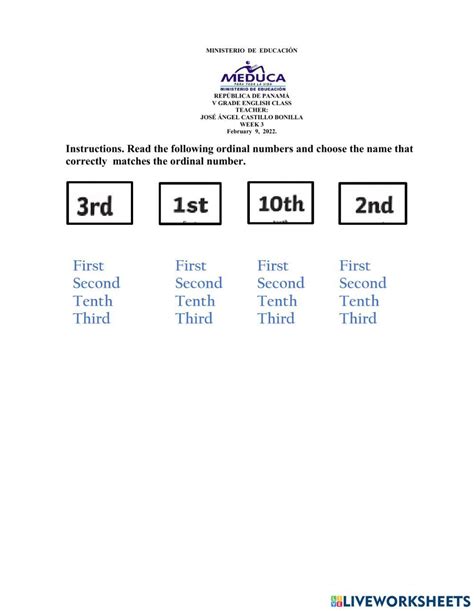 1st To 10th Ordinal Number Exercise Worksheet Live Worksheets