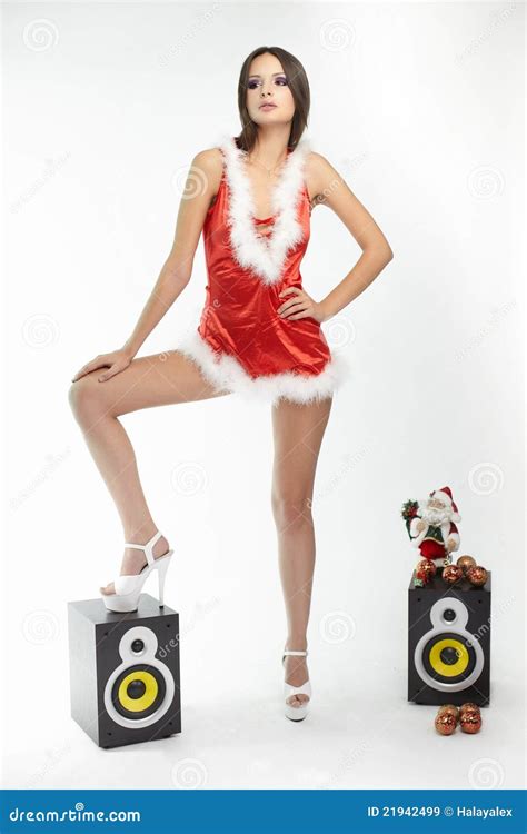 Brunette Woman Posing In Santa Costume Red Stock Image Image Of Beautiful Costume