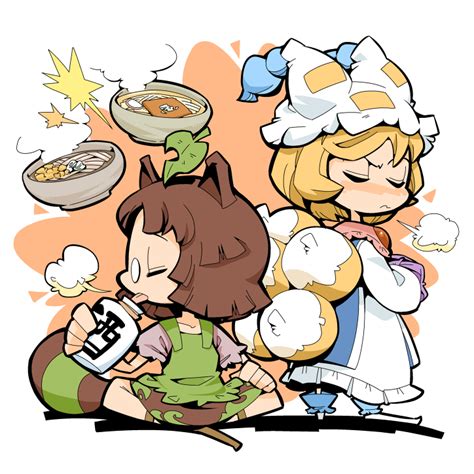 Safebooru Aburaage Animal Ears Blonde Hair Brown Hair Chibi Food Fox