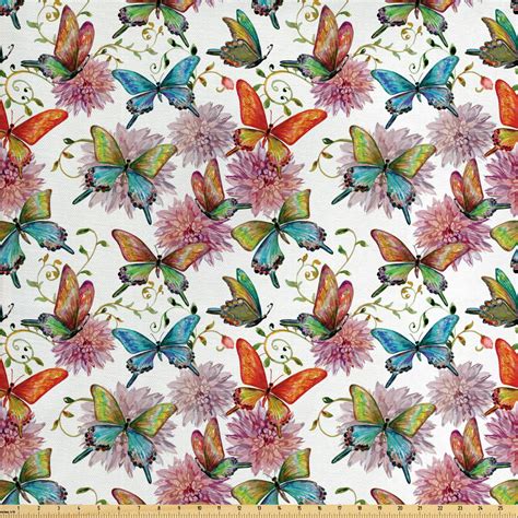 Butterfly Fabric by the Yard, Flying Butterflies with Floral Elements ...