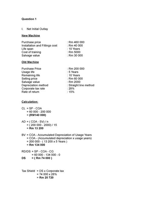 FIN 320 Individual Assignmnet Question 1 I Net Initial Outlay New