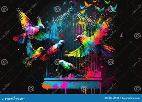 Freedom Concept The Birds Flew Out Of Cage Colorful Splash Painting