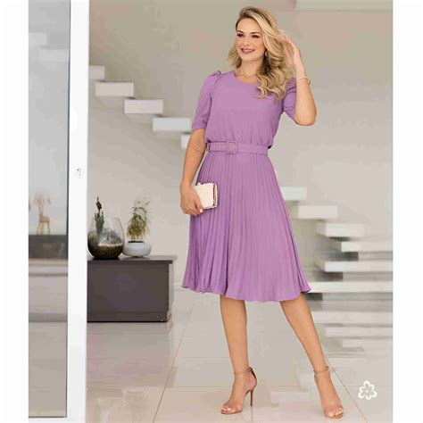 Vestido Midi Plissado C Cinto Moda Evang Lica Maria Amore E