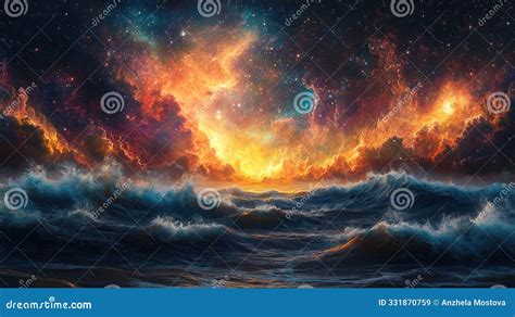 Painting Depicting Strong Storm In Middle Of Sea And Fiery Waves Stock
