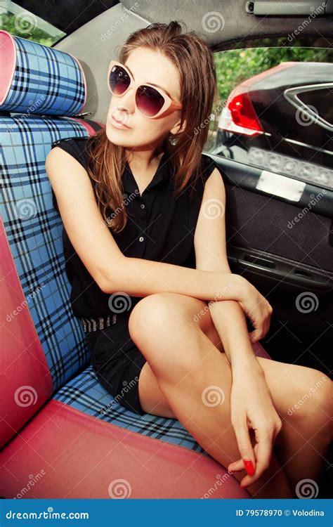 Woman Traveling In A Taxi Stock Photo Image Of Portrait 79578970