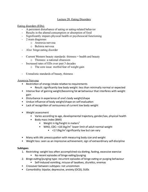 Abnormal Final Exam Notes Lecture 28 Eating Disorders Eating