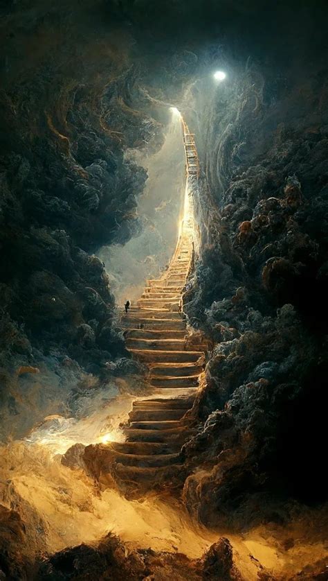 A Stairway Leading Up Into The Sky With Light Coming From It