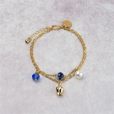 Vergulde Sieraden Armband Delfts Blauw Kralen Bedel Tulp