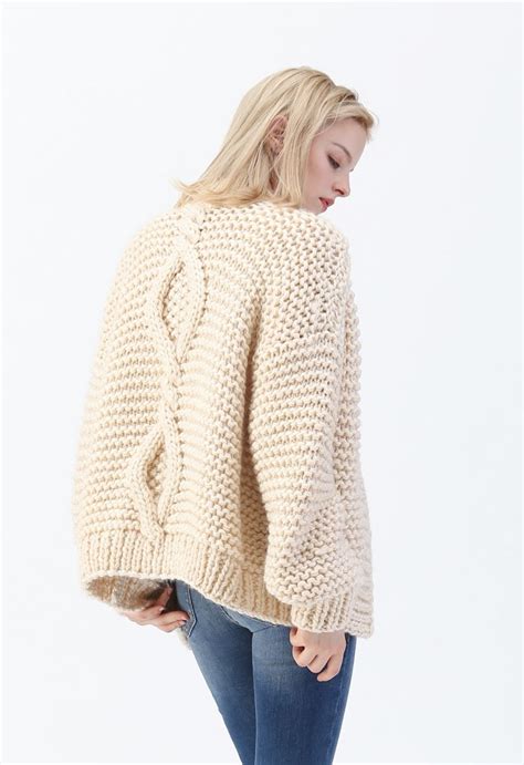 Hand Knit Cable Chunky Cardigan In Cream Retro Indie And Unique Fashion