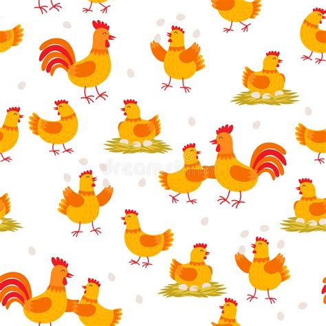 Cheerful Hens And Roosters Seamless Pattern Chicken Cartoon Characters