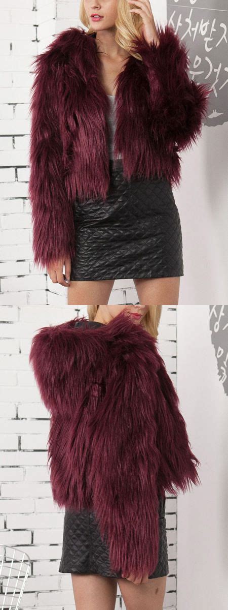 Burgundy Faux Fur Long Sleeve Chic Women Hoodie Coat