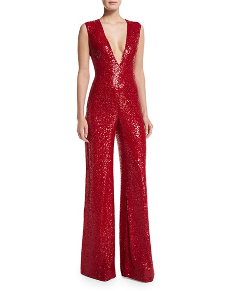 Naeem Khan Sleeveless V Neck Sequin Jumpsuit In Red Lyst