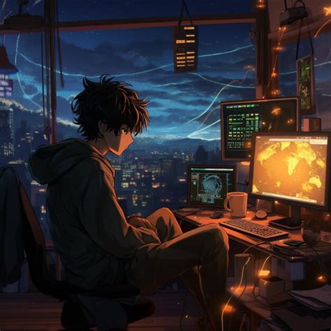 Premium Photo Anime Boy Sitting At A Desk With A Computer And A