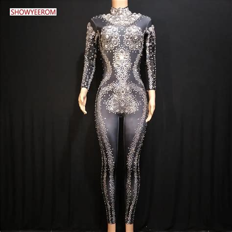 Fashion Printed Spandex Stretch Crystals Jumpsuit Sexy Rhinestones