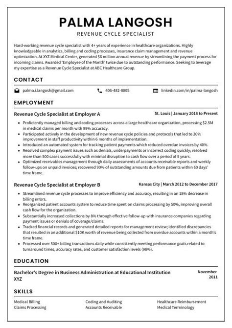 Revenue Cycle Specialist Resume CV Example And Writing Guide