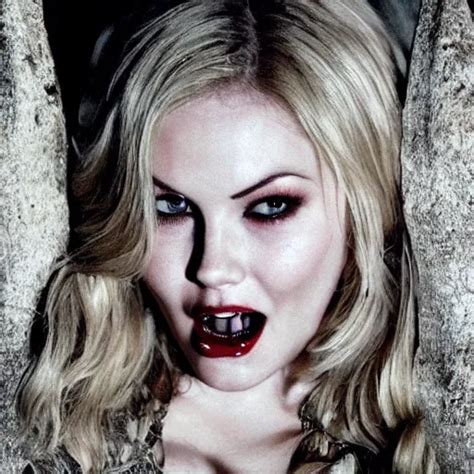 Elisha Cuthbert As A Vampire Showing Her Fangs In A Stable Diffusion