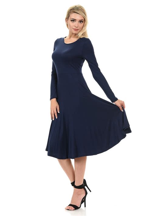 Long Sleeve Fit And Flare Midi Dress Navy Etsy