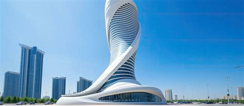 A beautiful modern skyscraper with a futuristic design is seen in the ...