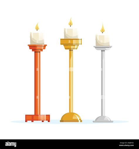 Candles Placed On Different Candlesticks Gold Silver And Wood Vector