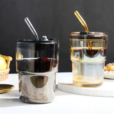 Verre Moderne Transparent Bouteille Avec Couvercle Et Paille En Verre