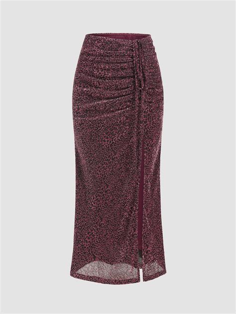 Mid Waist Leopard Drawstring Split Maxi Skirt Cider