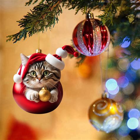 Christmas Cat Ornaments Acrylic Cats With Santa Hat Pendant Cute