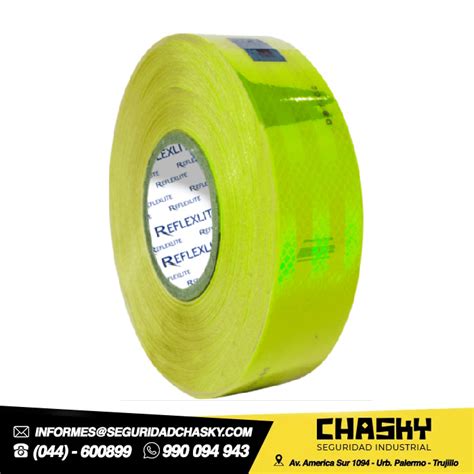 CINTA REFLECTIVA VERDE LIMÓN SELLADA CON LINEAS Y LOGO 5CM 2 45 7 MTS