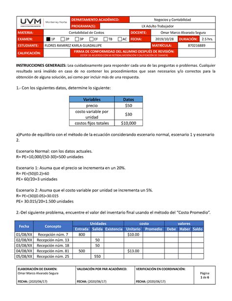 1er Examen De Costos Septiembre Octubre 2020 Contabilidad De Costos