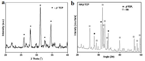 X Ray diffraction pattern of a β TCP and b ΗΑ β Tri calcium phosphate