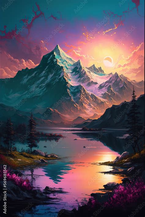 Painting Landscape Mountains With A Very Beautiful Sunset In The