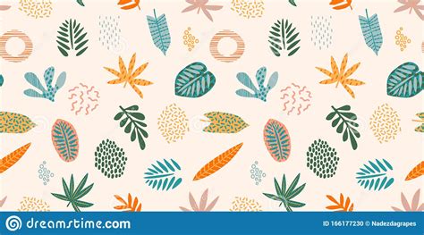 Abstract Seamless Pattern With Tropical Leaves Hand Draw Texture