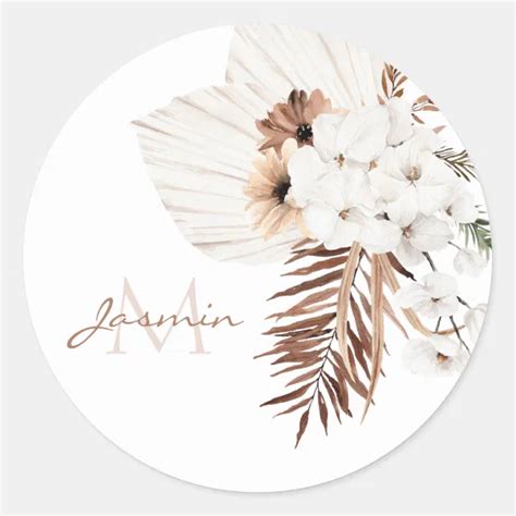 Boho Brown Pampas Grass White Orchids Monogram Classic Round Sticker