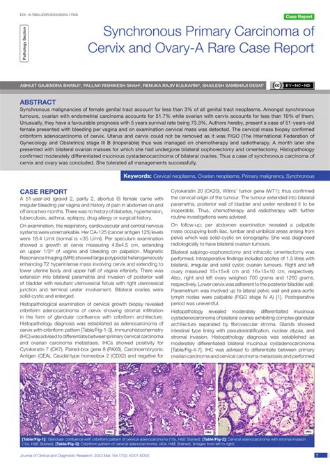 Pdf Synchronous Primary Carcinoma Of Cervix And Ovary A Rare Case Report