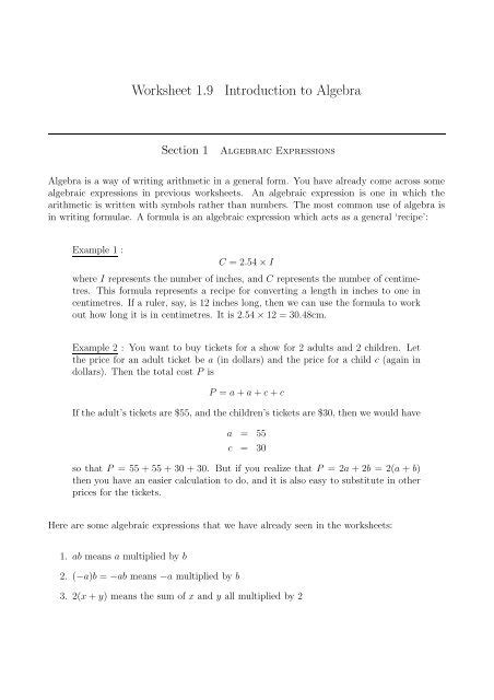 Worksheet 1 9 Introduction To Algebra